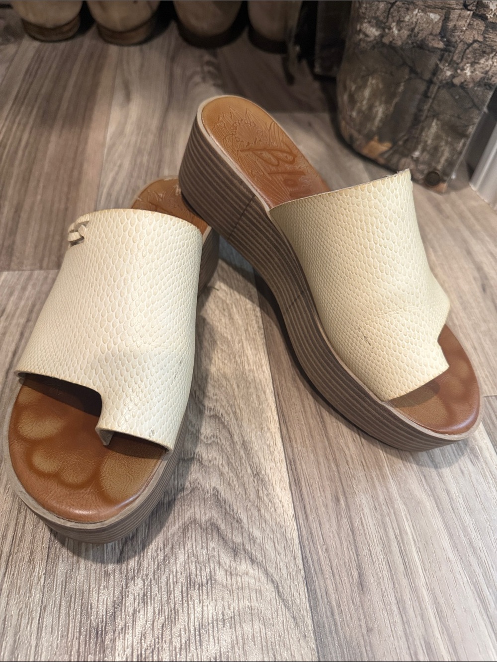 Cream Platform Slide Sandals with Textured Upper